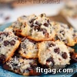 almond joy cookies piles high on a blue plate with title overlay at top