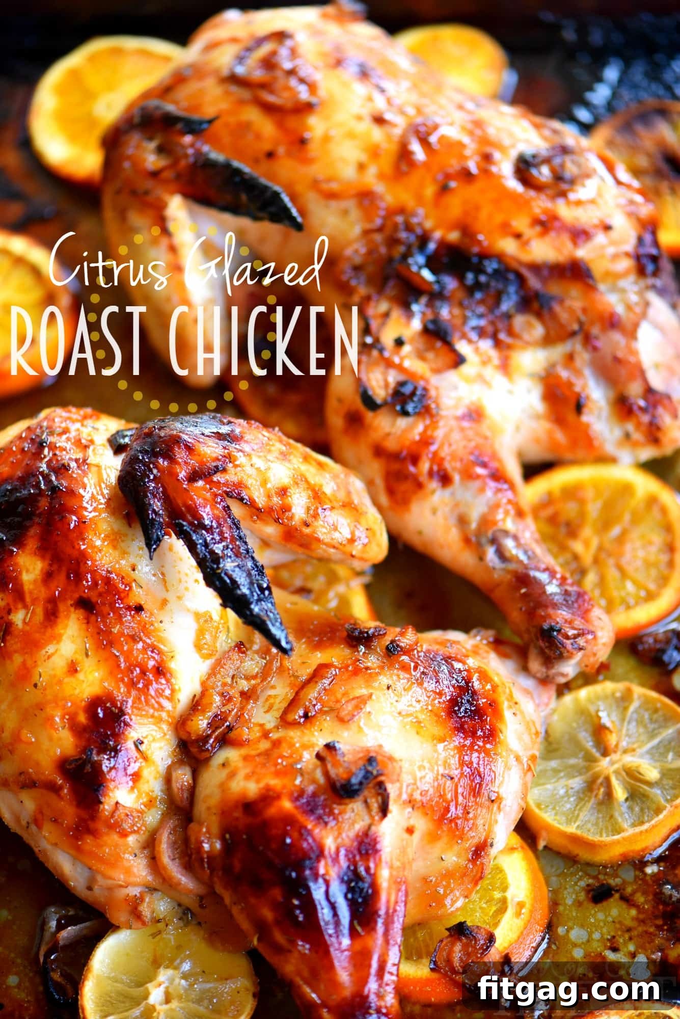 A perfectly roasted chicken half, glistening with a vibrant citrus glaze, adorned with fresh orange and lemon slices. The golden-brown skin promises a crispy texture, while the succulent interior reveals itself through tender cuts. This close-up captures the mouth-watering appeal of a well-prepared Citrus Glazed Roast Chicken, ready to be carved and enjoyed.