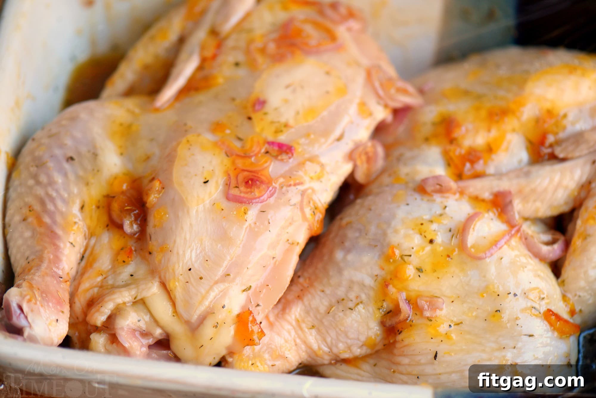 A beautifully spatchcocked chicken, halved and marinated, ready for roasting. The vibrant marinade covers the chicken, studded with fresh orange and lemon slices, and thinly sliced shallots. The raw chicken showcases its readiness for transformation into a tender, flavorful meal, promising a delightful culinary journey. The rich colors of the marinade and fresh ingredients hint at the robust flavors to come.