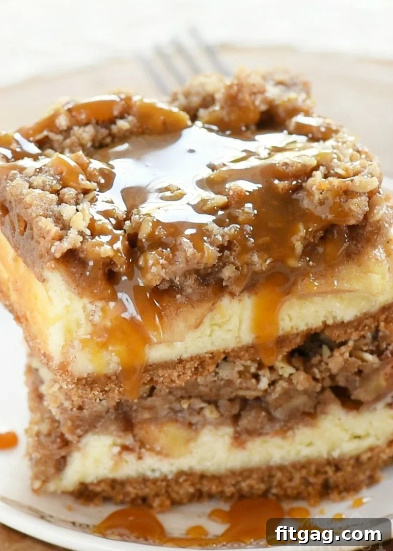 Delicious Dutch Apple Pie Cheesecake Bars featuring a spiced graham cracker crust, creamy cheesecake, cinnamon apples, and streusel topping - perfect for fall!