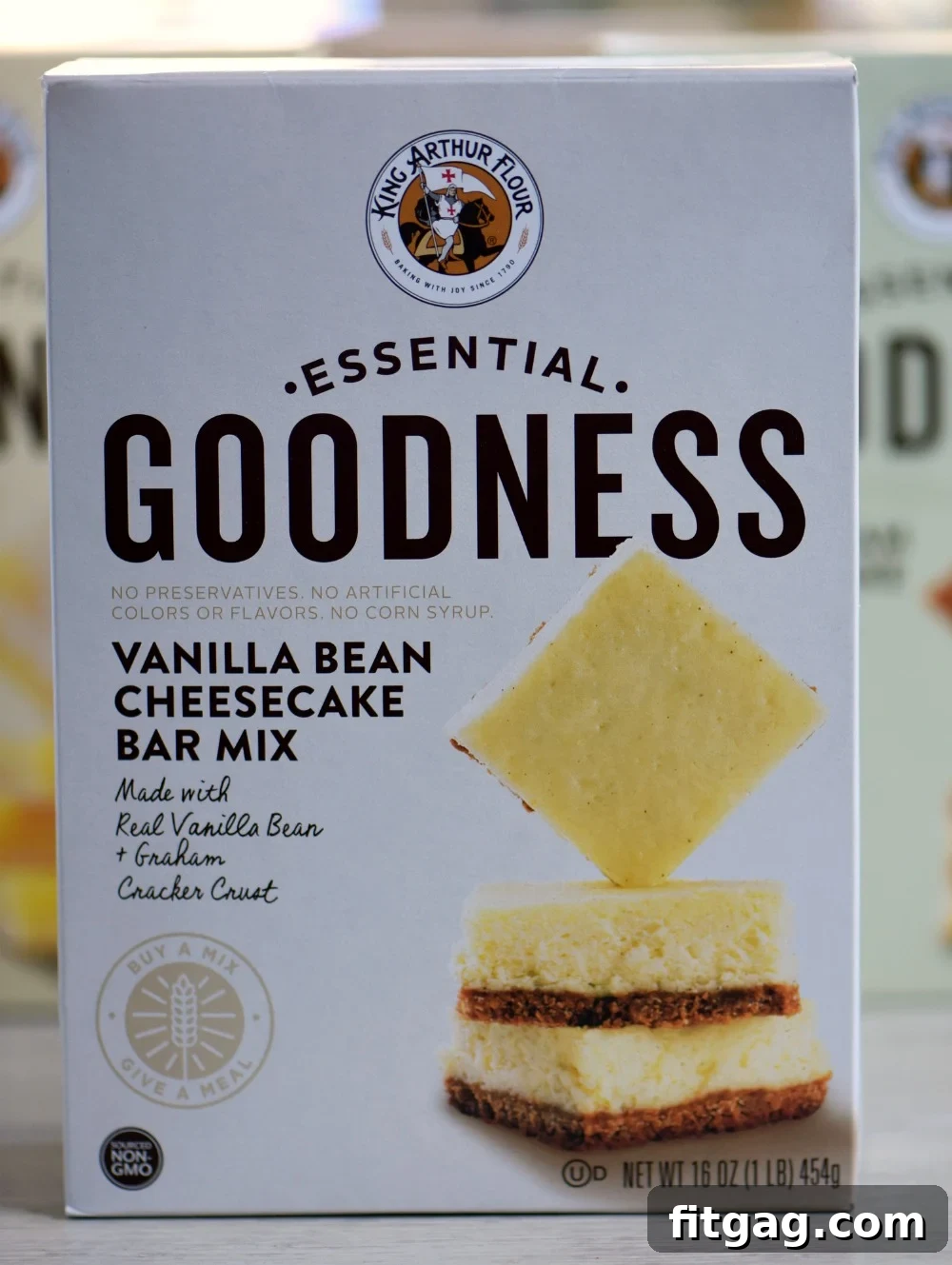King Arthur Flour Essential Goodness Vanilla Bean Cheesecake Bar Mix box, emphasizing natural ingredients