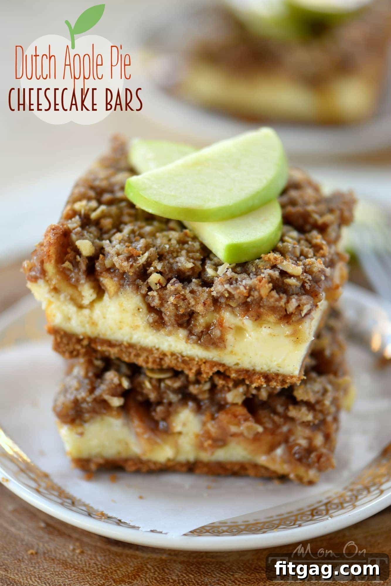 Exquisite Dutch Apple Pie Cheesecake Bars, layered with spiced graham cracker crust, creamy vanilla bean cheesecake, tender cinnamon apples, and a crumbly streusel topping – a perfect fall dessert from Mom On Timeout