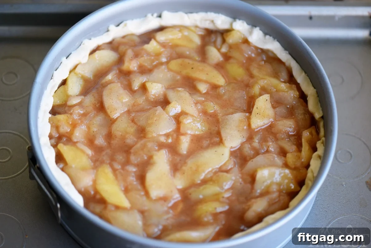 Homestyle Deep Dish Dutch Apple Pie 4 Uncooked Deep Dish Dutch Apple Pie filling being prepared in a springform pan.
