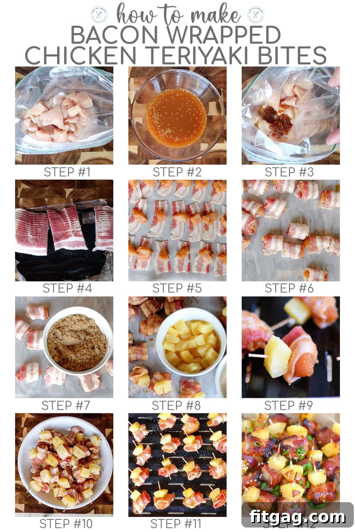 Twelve image collage showing how to make bacon wrapped chicken teriyaki bites.