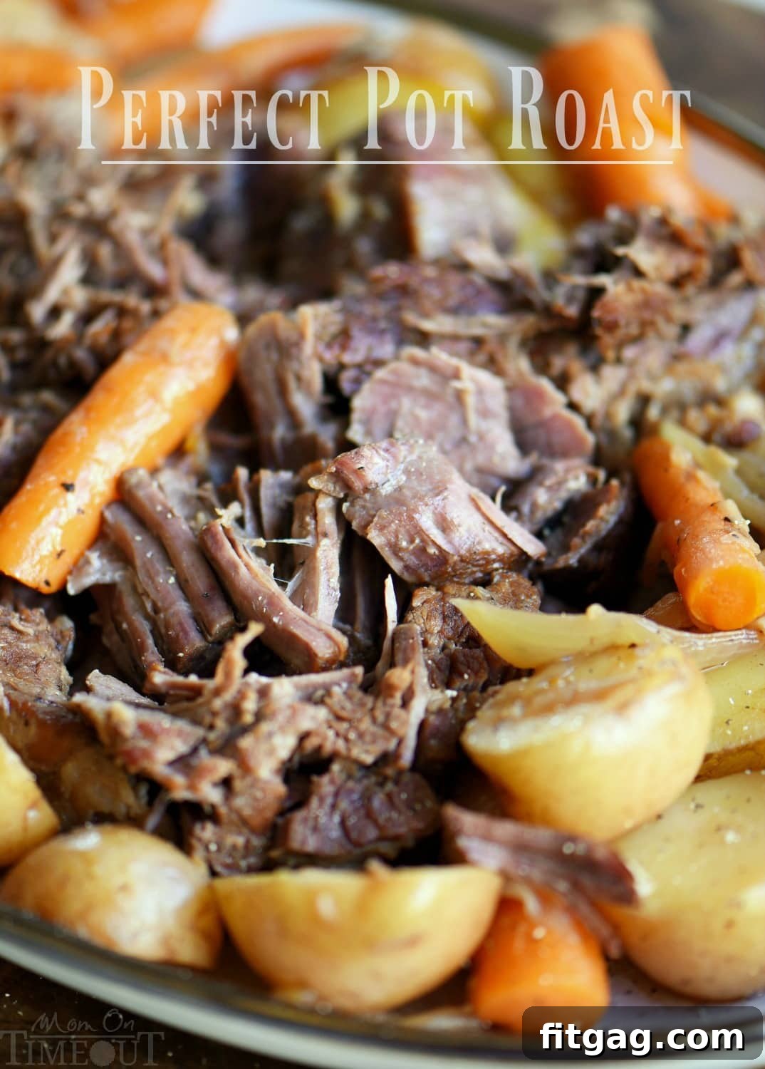 A succulent pot roast beef shredded with tender vegetables on a serving platter, invitingly garnished with fresh herbs.