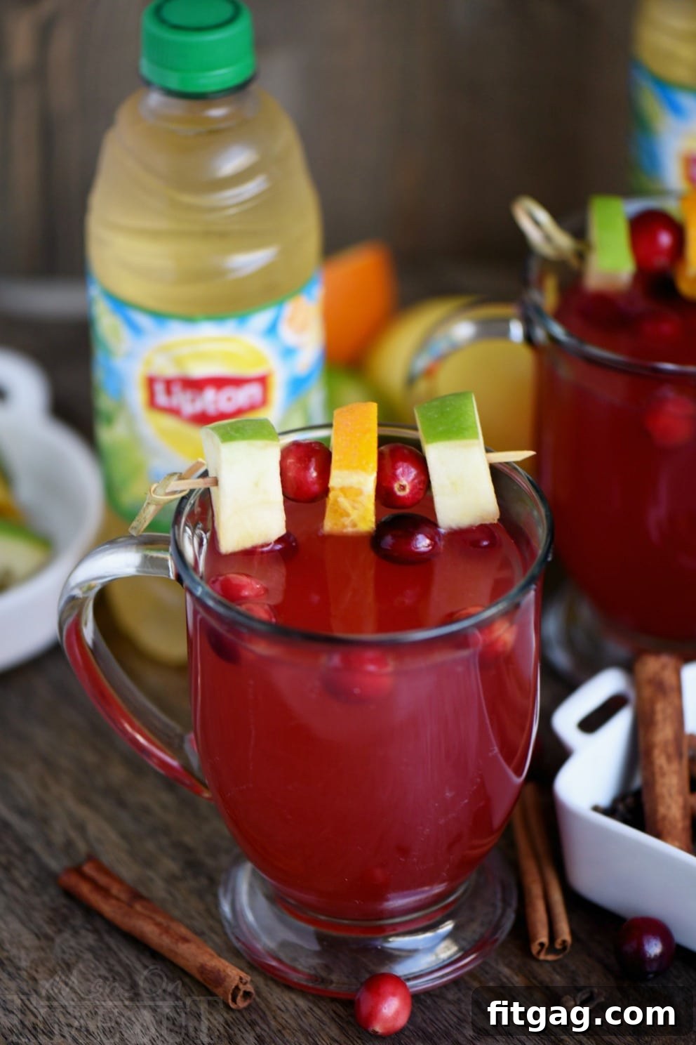 glass mug filled with cider with cinnamon sticks and cranberry around it