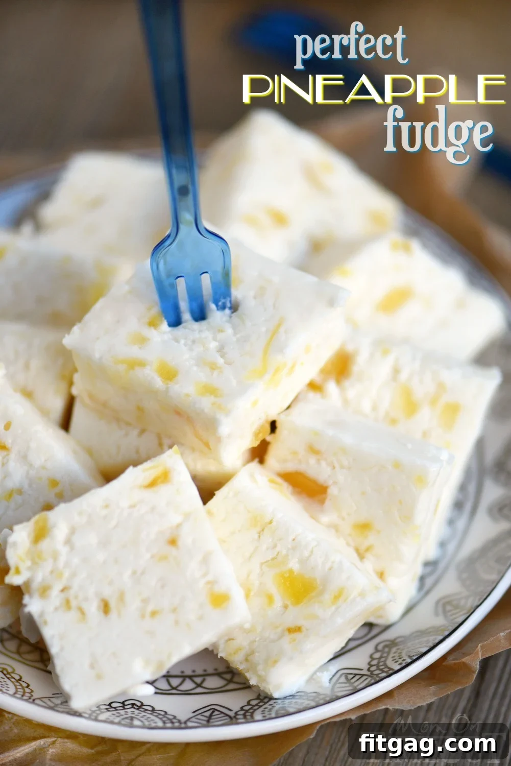 Tropical Pineapple Fudge Bliss 2 Experience the ultimate tropical delight with our Perfect Pineapple Fudge. This creamy, vibrant dessert brings together the luscious sweetness of pineapple and the rich texture of homemade fudge, creating a truly unforgettable treat. Ideal for holidays, gatherings, or a sweet escape. // Mom On Timeout