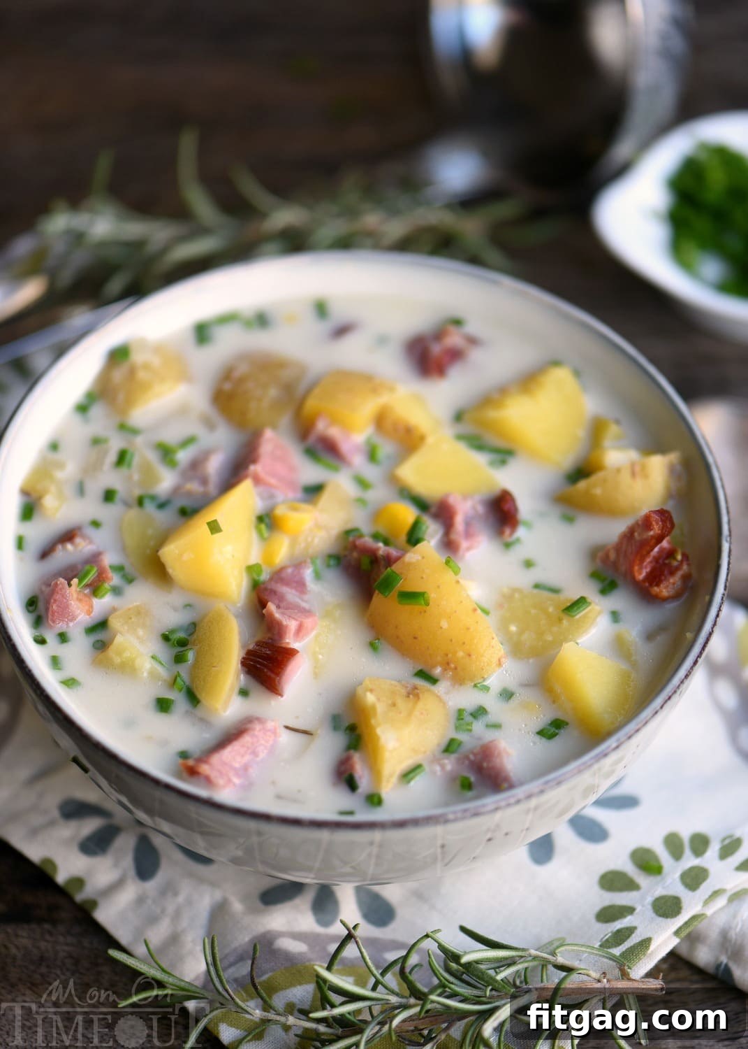 Cozy Slow Cooker Rosemary Ham Potato and Corn Soup 4 A close-up shot of a single serving of Slow Cooker Rosemary Potato Soup with Ham and Corn, garnished with green onions, ready to be enjoyed.