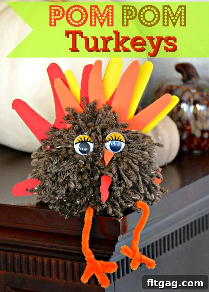 Completed Pom Pom Turkey craft with handprint feathers