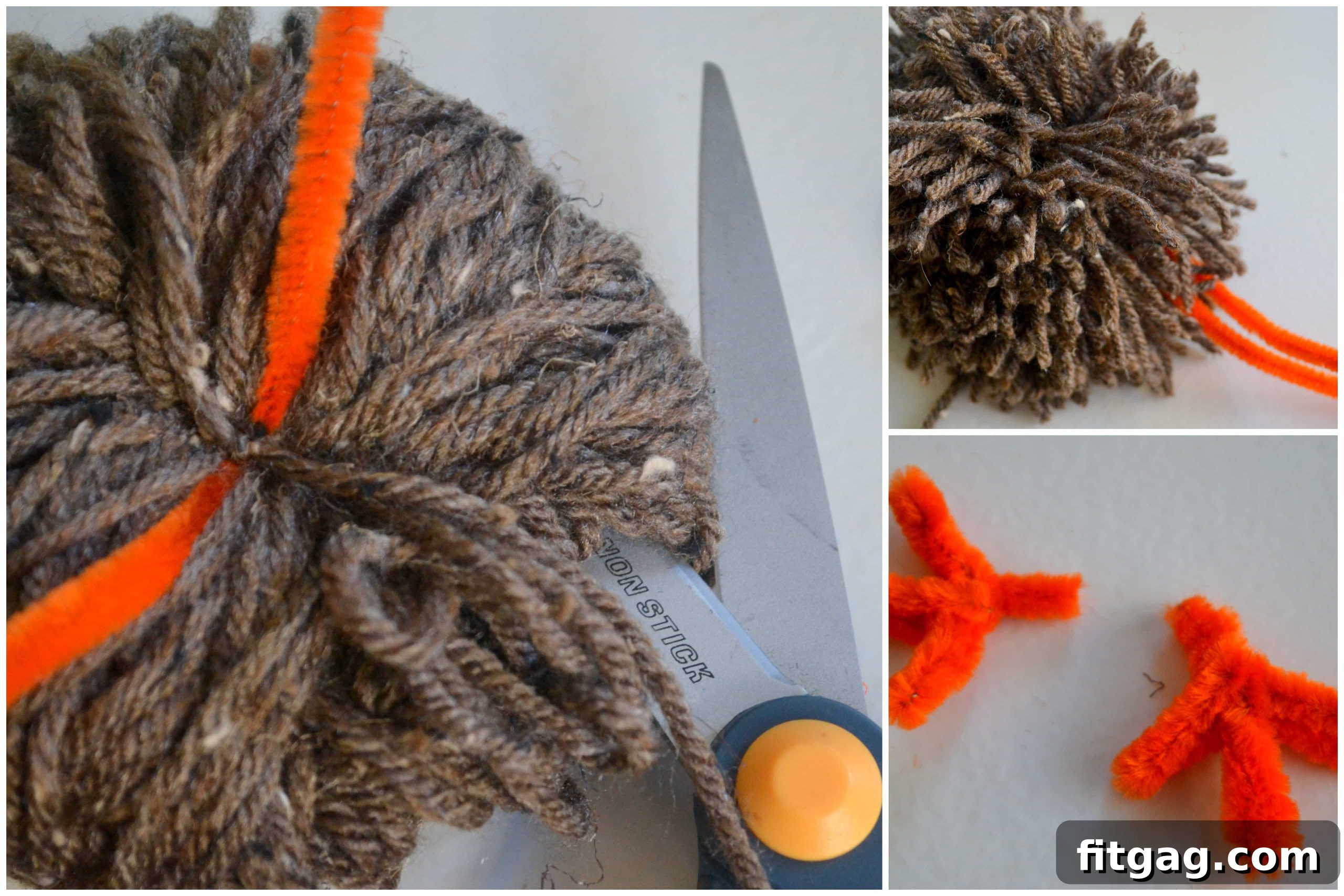 Step 2: Cutting pom pom loops and attaching pipe cleaner feet