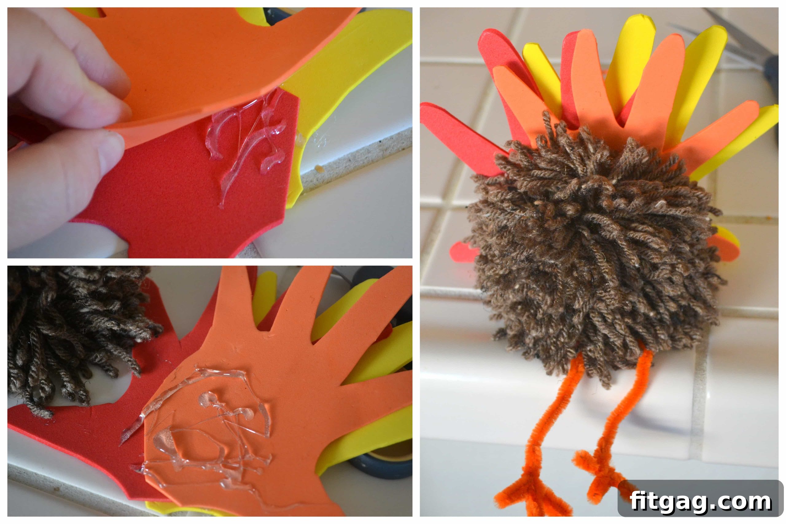 Step 4: Assembling handprint feathers onto the pom pom turkey