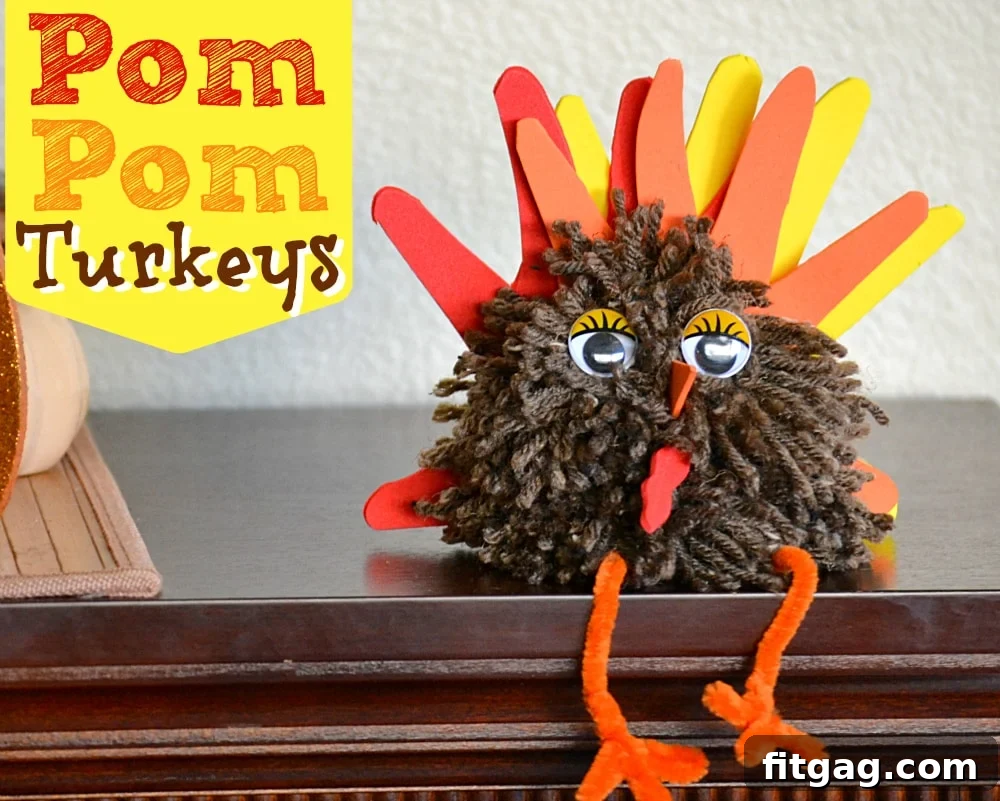 Adorable handmade Pom Pom Turkey with googly eyes