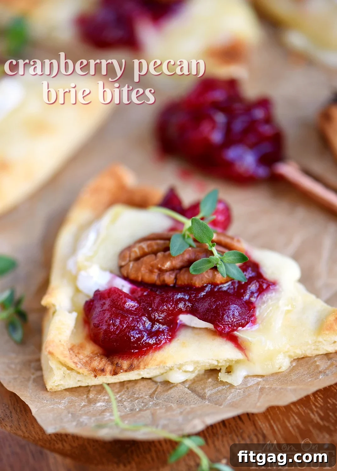 Gourmet Cranberry Pecan Brie Bites, perfect easy holiday appetizer for Thanksgiving, Christmas, and New Year's Eve parties
