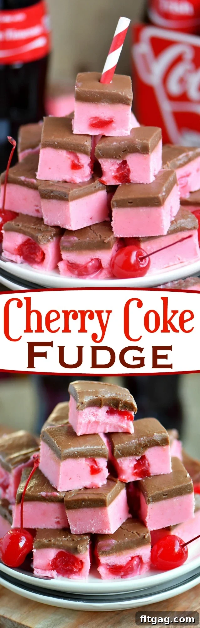 Visual collage showcasing the steps and final product of Cherry Coke Fudge