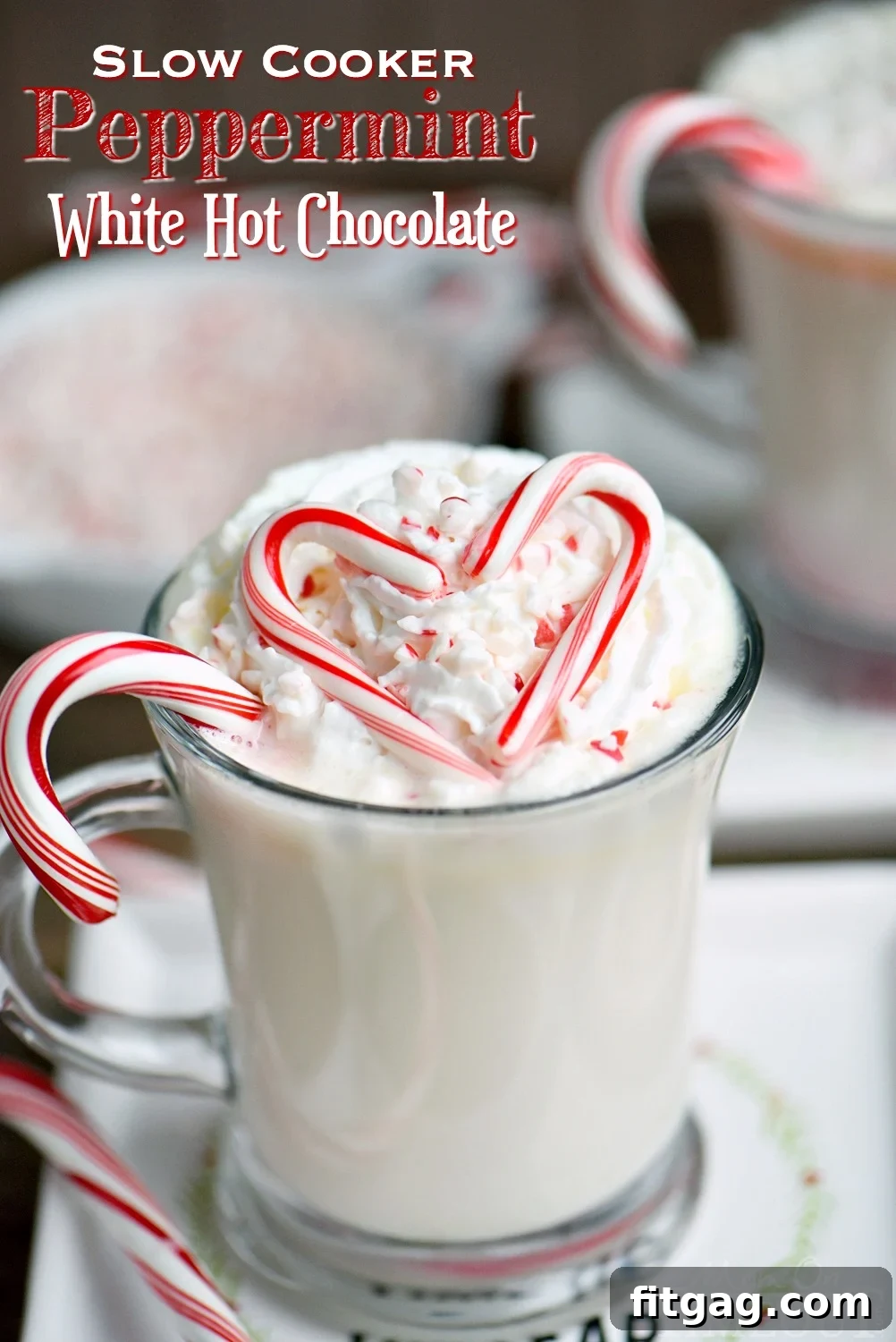 Creamy Peppermint White Hot Chocolate Slow Cooker Delight 2 Creamy and decadent Slow Cooker Peppermint White Hot Chocolate! This easy recipe is the perfect way to warm up on a chilly day! Top with whipped cream and crushed candy canes for the ultimate peppermint experience! // Mom On Timeout