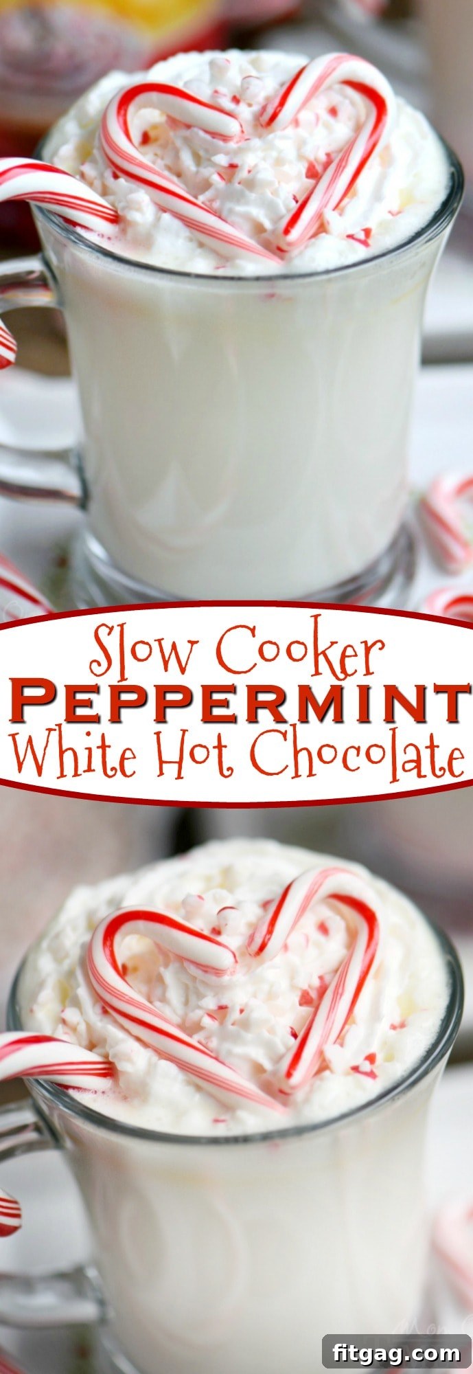 Creamy Peppermint White Hot Chocolate Slow Cooker Delight 7 A festive glass of Slow Cooker Peppermint White Hot Chocolate with a candy cane stirrer and crushed candy canes