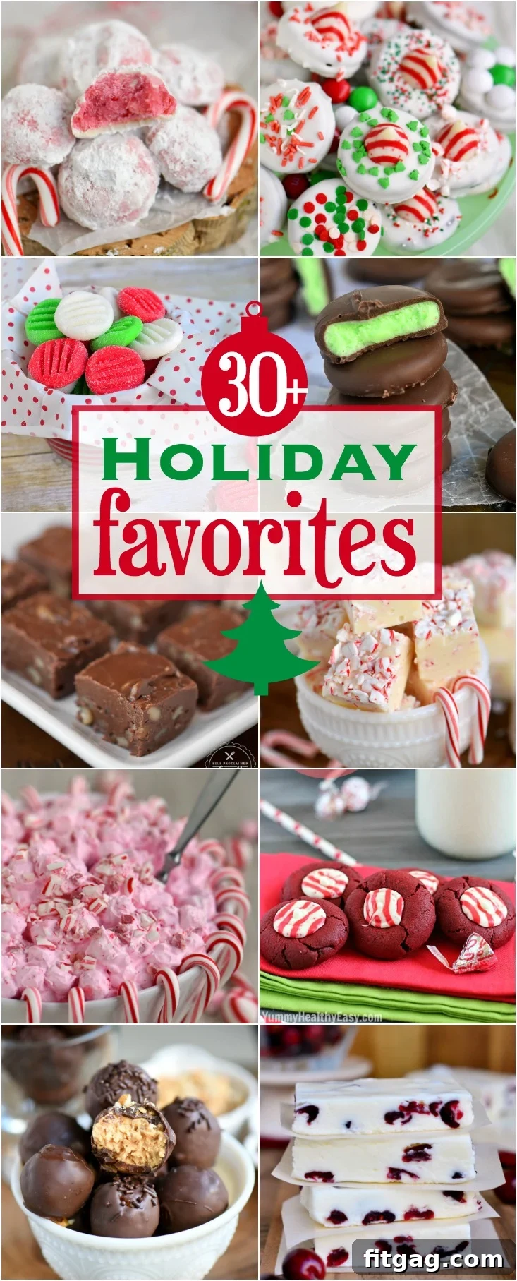 A festive collage of delicious holiday recipes including candies, cookies, desserts, and appetizers, perfect for holiday entertaining. Find your new holiday favorites here!