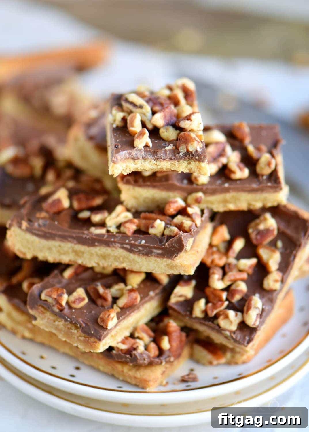 Serving plate of perfectly cut Easy Toffee Bars, ready to enjoy.
