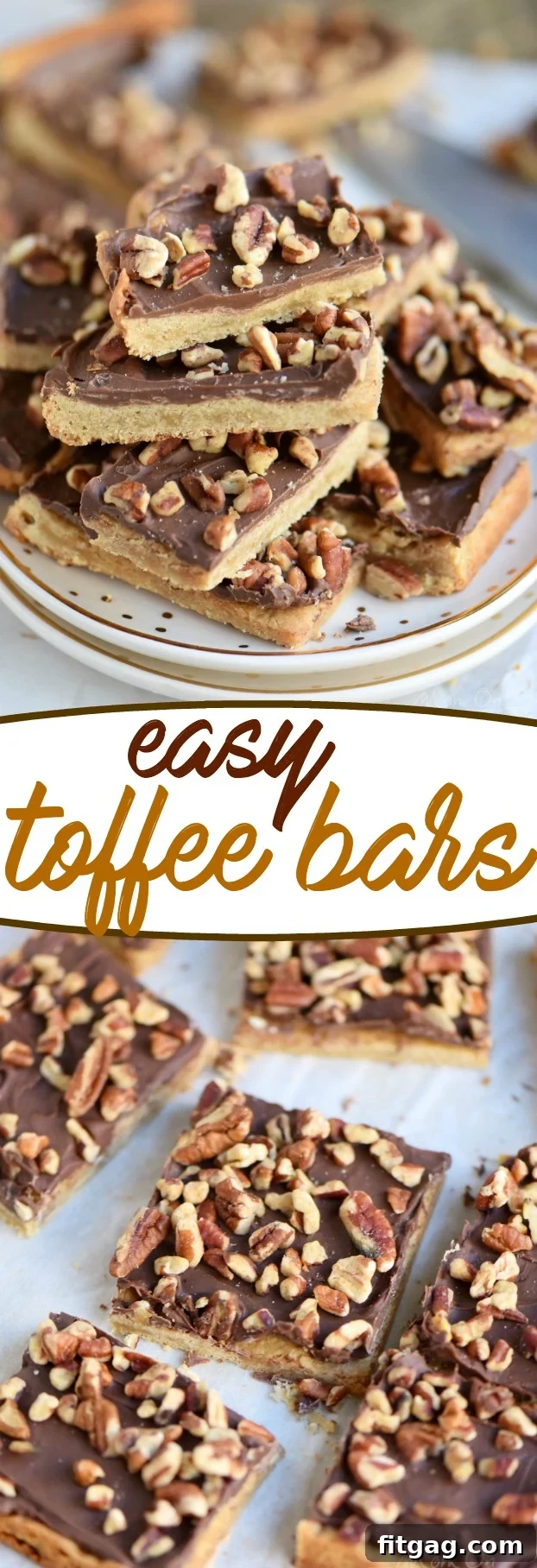 A stack of golden brown Easy Toffee Bars with a rich chocolate and pecan topping.