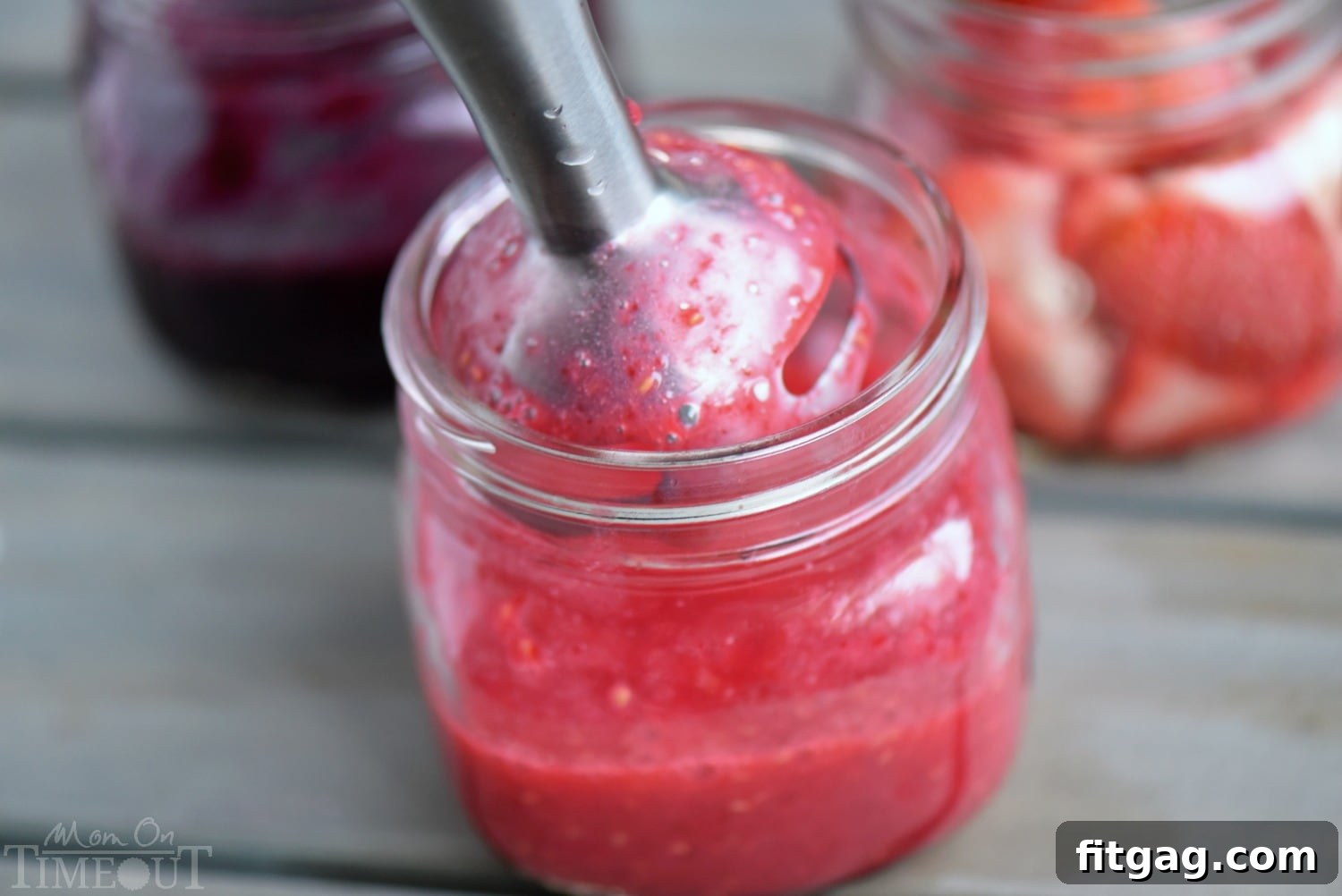 Sparkling Berry Celebration 3 The Berry Champagne Punch ingredients are pureed with an immersion blender for a smooth, vibrant berry concentrate.