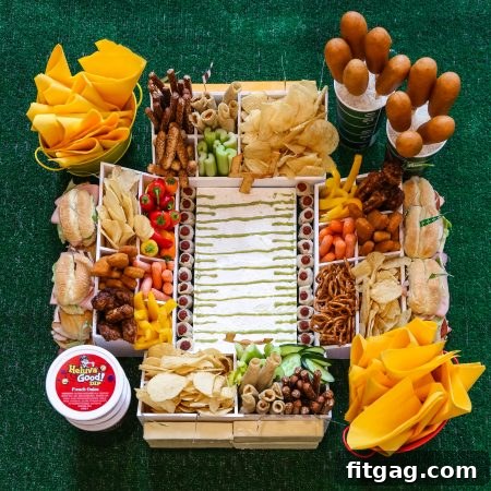 An elaborate snack stadium filled with a variety of game day foods and Heluva Good! Dips, resembling a football field.