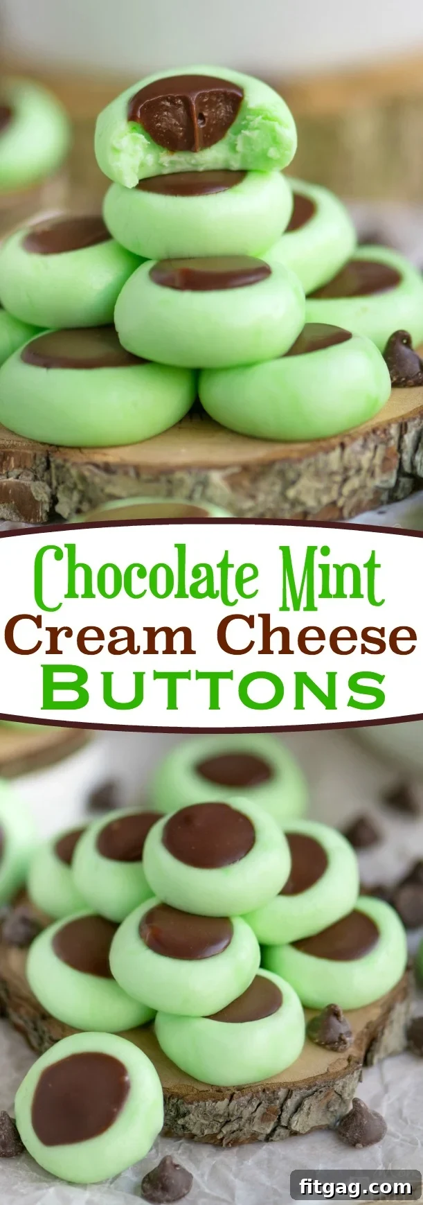 Minty Chocolate Cream Cheese Gems 6 A tall, narrow shot of Chocolate Mint Cream Cheese Buttons stacked on a serving tray, garnished with fresh mint leaves.