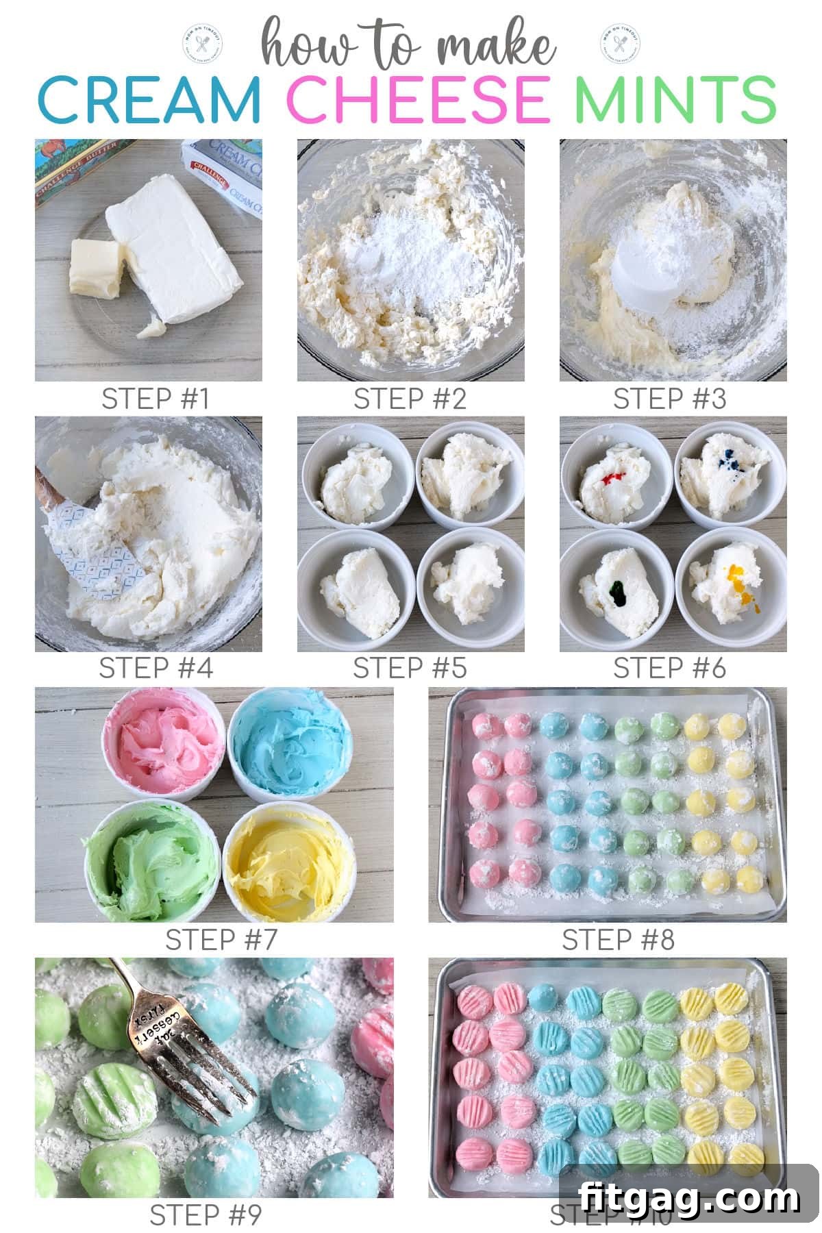 Ultimate Cream Cheese Mints 5 Ten image collage showing how to make cream cheese mints step by step. Text overlay at the top of the image.