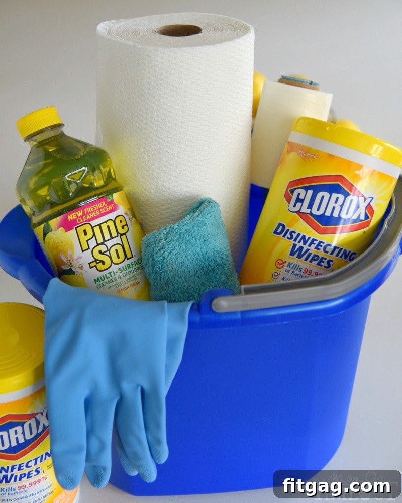 Spring Cleaning Checklist and Smart Tips 3 Essential cleaning caddy with Pine-Sol, Clorox wipes, and microfiber towels for efficient spring cleaning.
