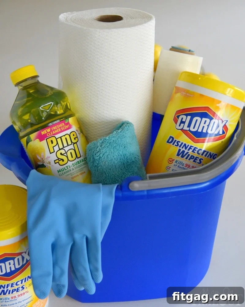 Bahar Temizliği Yapılacaklar Listesi ve Püf Noktaları 3 Organized cleaning caddy with essential supplies like Pine-Sol Lemon, Clorox Wipes, and microfiber cloths for efficient spring cleaning.