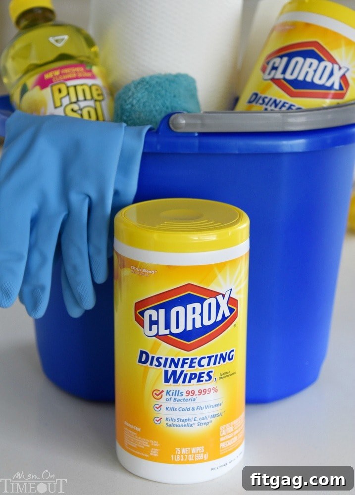Spring Cleaning Checklist and Smart Tips 6 Mother and child cleaning a door with Clorox Disinfecting Wipes, highlighting family involvement.