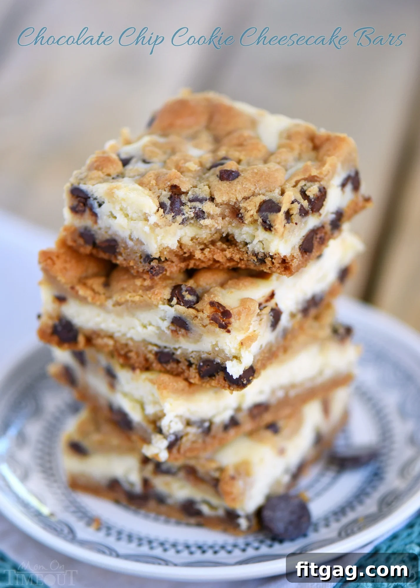 Irresistible Chocolate Chip Cookie Cheesecake Bars: A simple 5-ingredient recipe for the perfect party dessert. Delicious Chocolate Chip Cookie Cheesecake Bars arranged beautifully for serving
