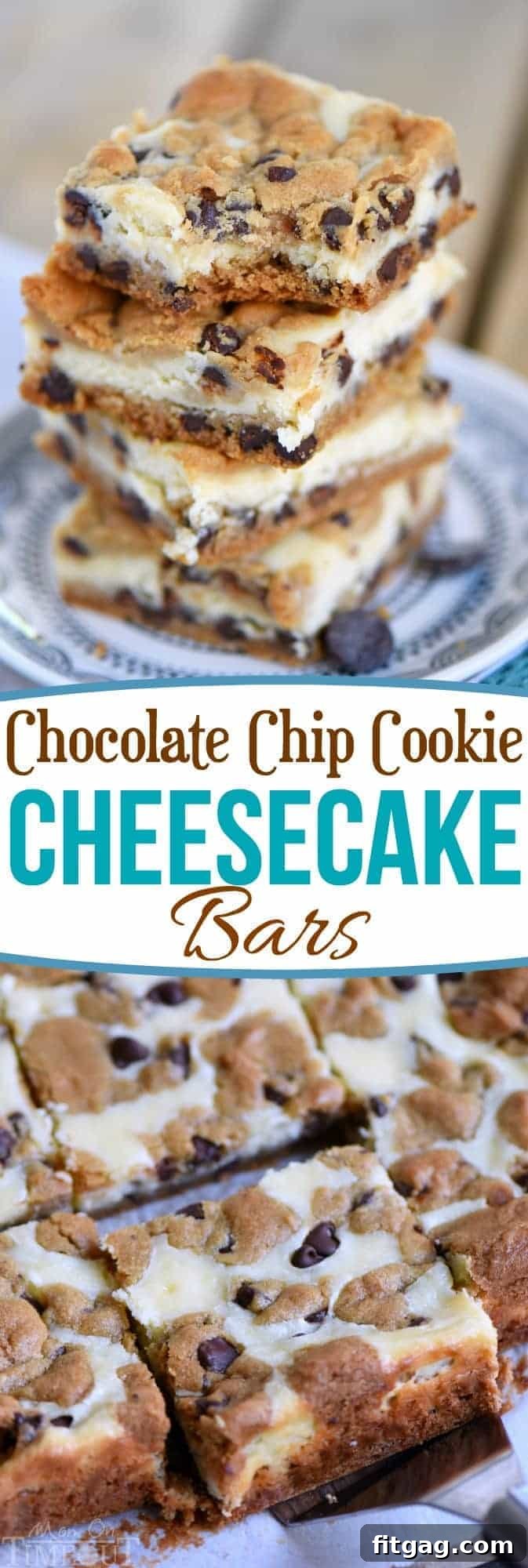 Chocolate Chip Cookie Cheesecake Bars: a quick and easy dessert for any occasion. A collage of Chocolate Chip Cookie Cheesecake Bars from different angles