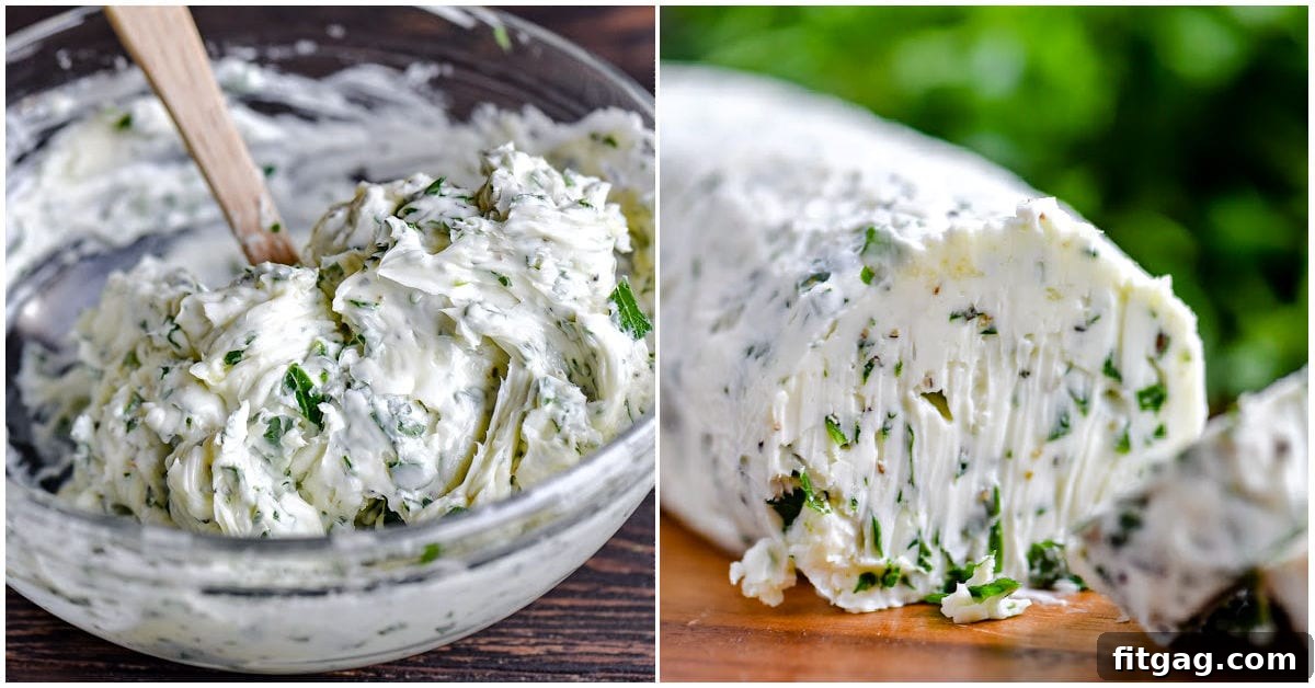The Ultimate Steak Marinade 5 A two-image collage showing the preparation of garlic herb butter: being mixed in a bowl, then shaped into a log for chilling.