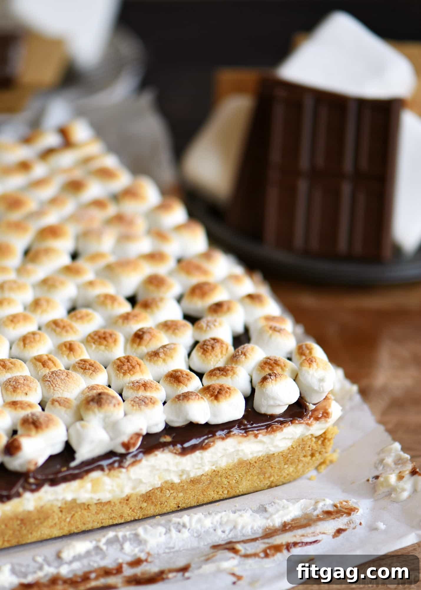 No Bake S'mores Cheesecake Bars ready to be cut and served, showing layers of graham cracker crust, marshmallow cheesecake, and chocolate ganache.