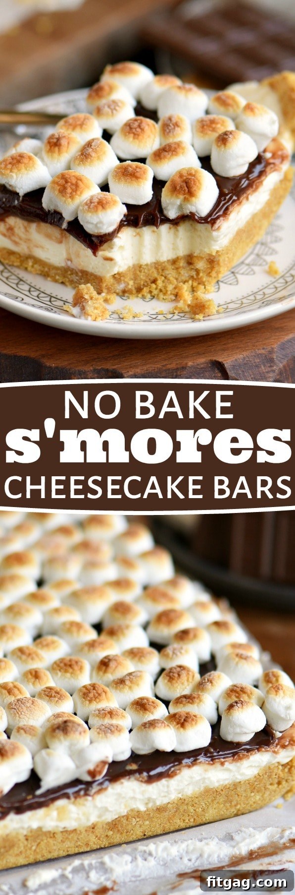 Full tray of No Bake S'mores Cheesecake Bars with a graham cracker crust, thick chocolate ganache, and perfectly roasted marshmallows on top.