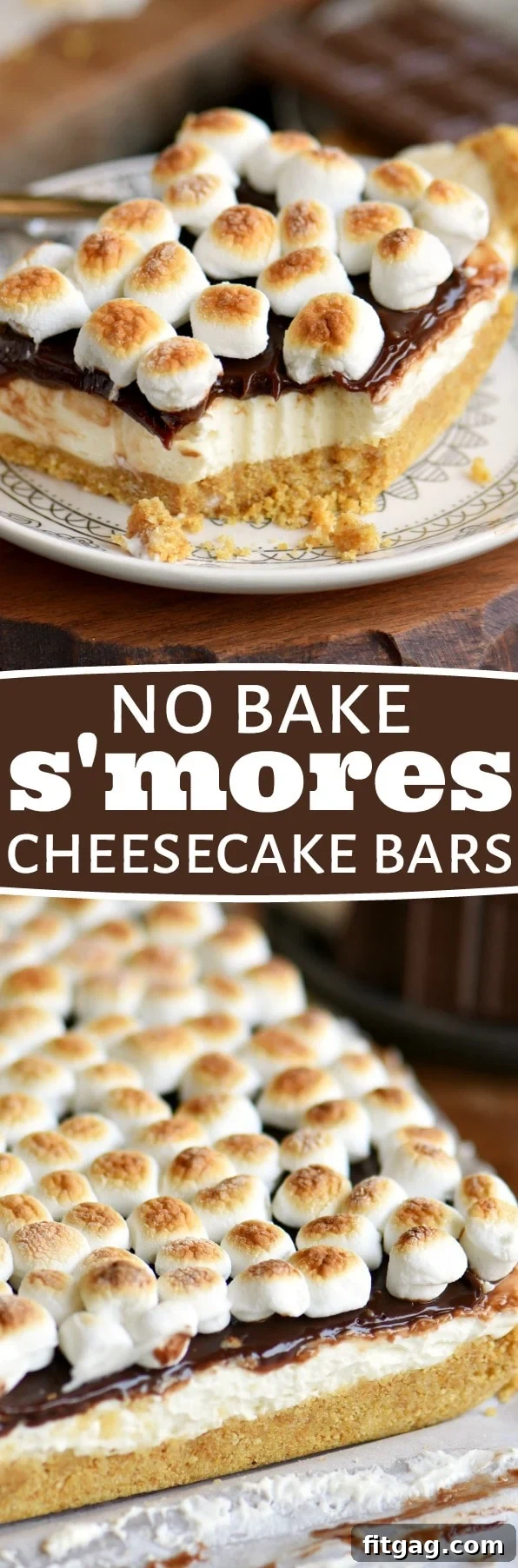 Perfectly Toasted S'mores Cheesecake Bars A stunning close-up of No Bake S'mores Cheesecake Bars, highlighting the perfectly toasted marshmallows, glossy chocolate ganache, and firm graham cracker crust, ready to be enjoyed.