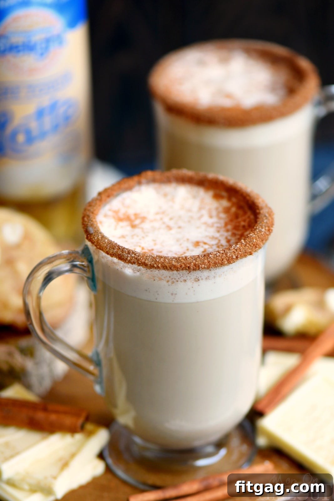 Velvet Snickerdoodle Swirl Latte 5 A close-up of the delightful White Chocolate Snickerdoodle Latte, showcasing its frothy top and inviting warmth. This homemade coffeehouse creation, made with ease, promises a delicious and convenient indulgence for any coffee lover. Enjoy it hot or iced!
