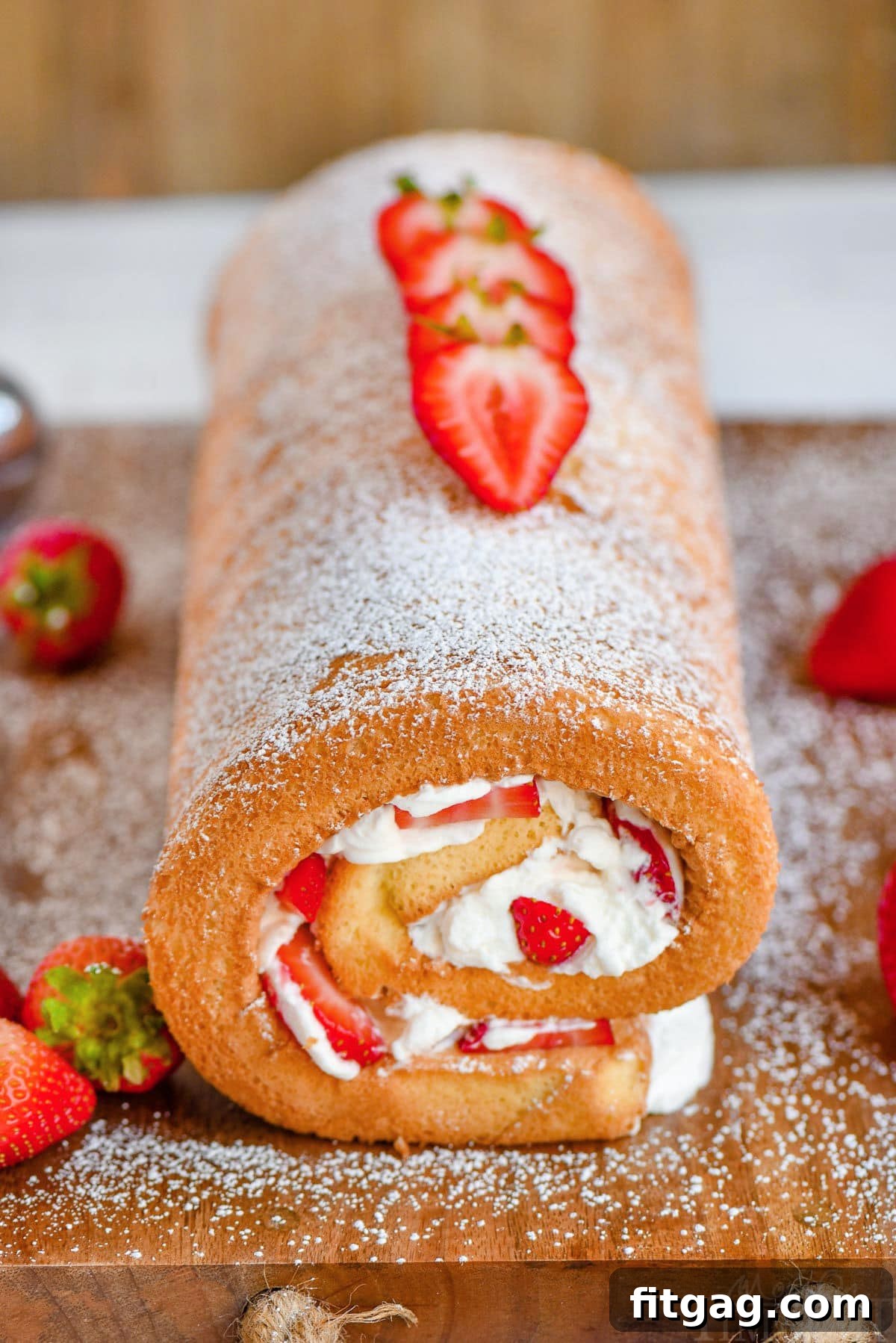 View of whole strawberry shortcake cake roll on wood cutting board ready to be cut and served. 