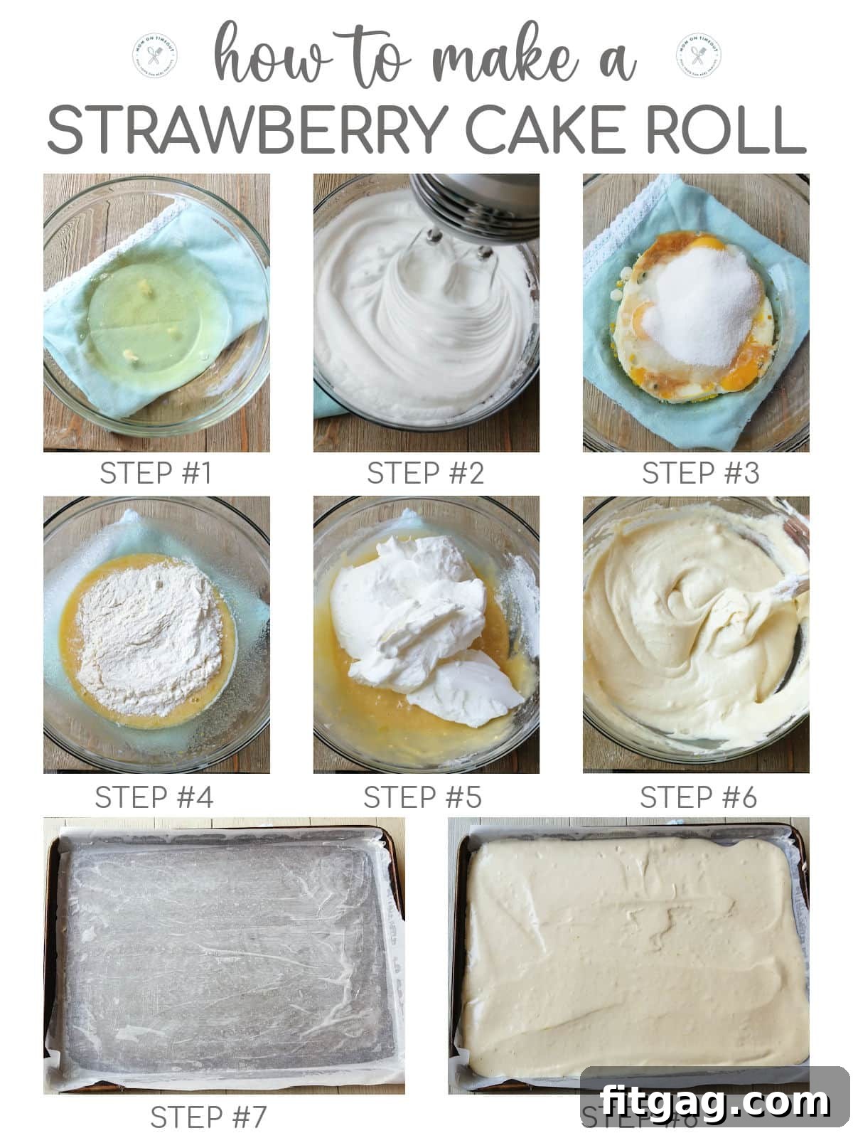 Eight image collage showing how to make cake for cake roll recipe.