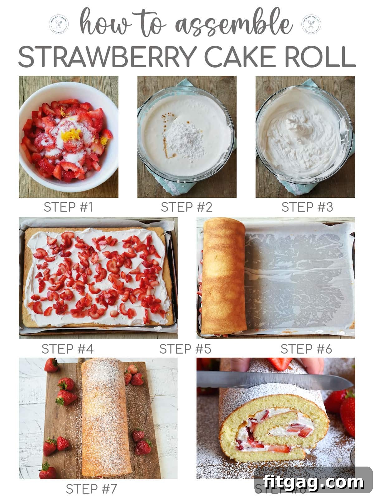 Eight image collage showing how to fill and assemble a strawberry cake roll.