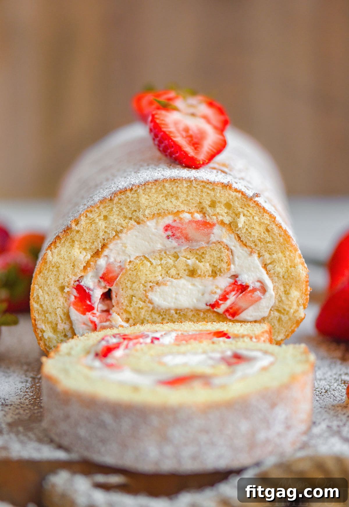 Front view of strawberry cake roll with one slice cut off. 