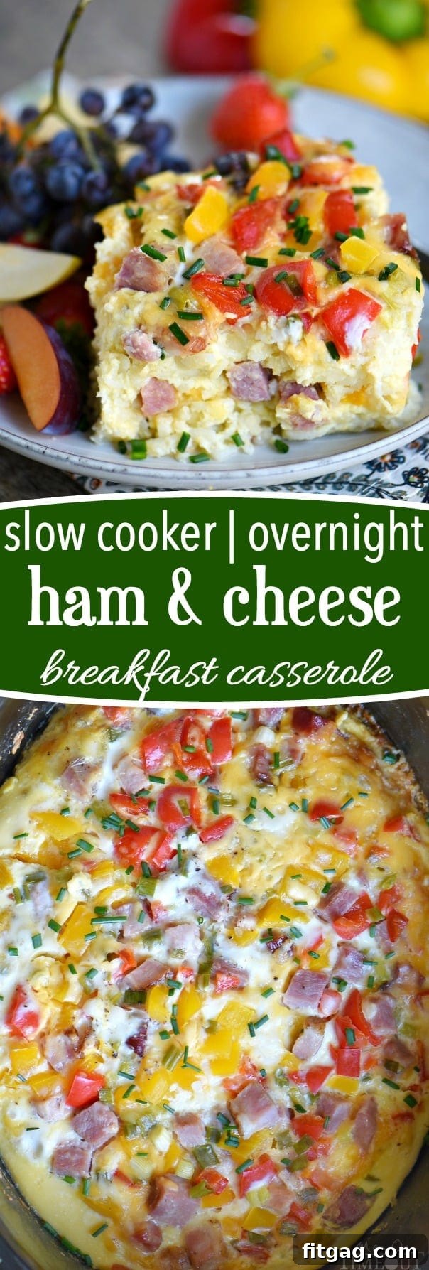 Hearty Ham and Cheese Overnight Slow Cooker Breakfast Casserole 7 A tall, narrow image displaying the cooked Slow Cooker Overnight Ham and Cheese Breakfast Casserole, garnished with chives, emphasizing its readiness to serve.
