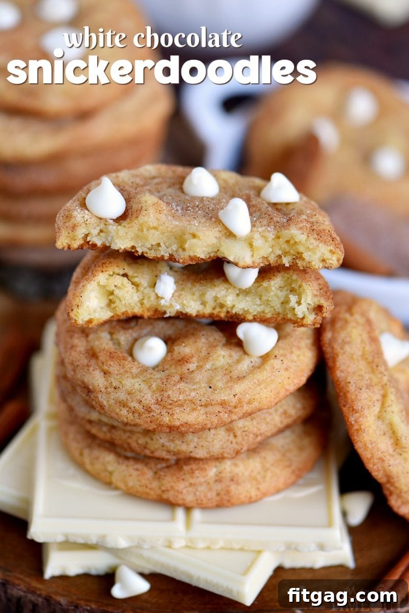 Snickerdoodles stacked high with white chocolate chips, featuring a text overlay highlighting their deliciousness.