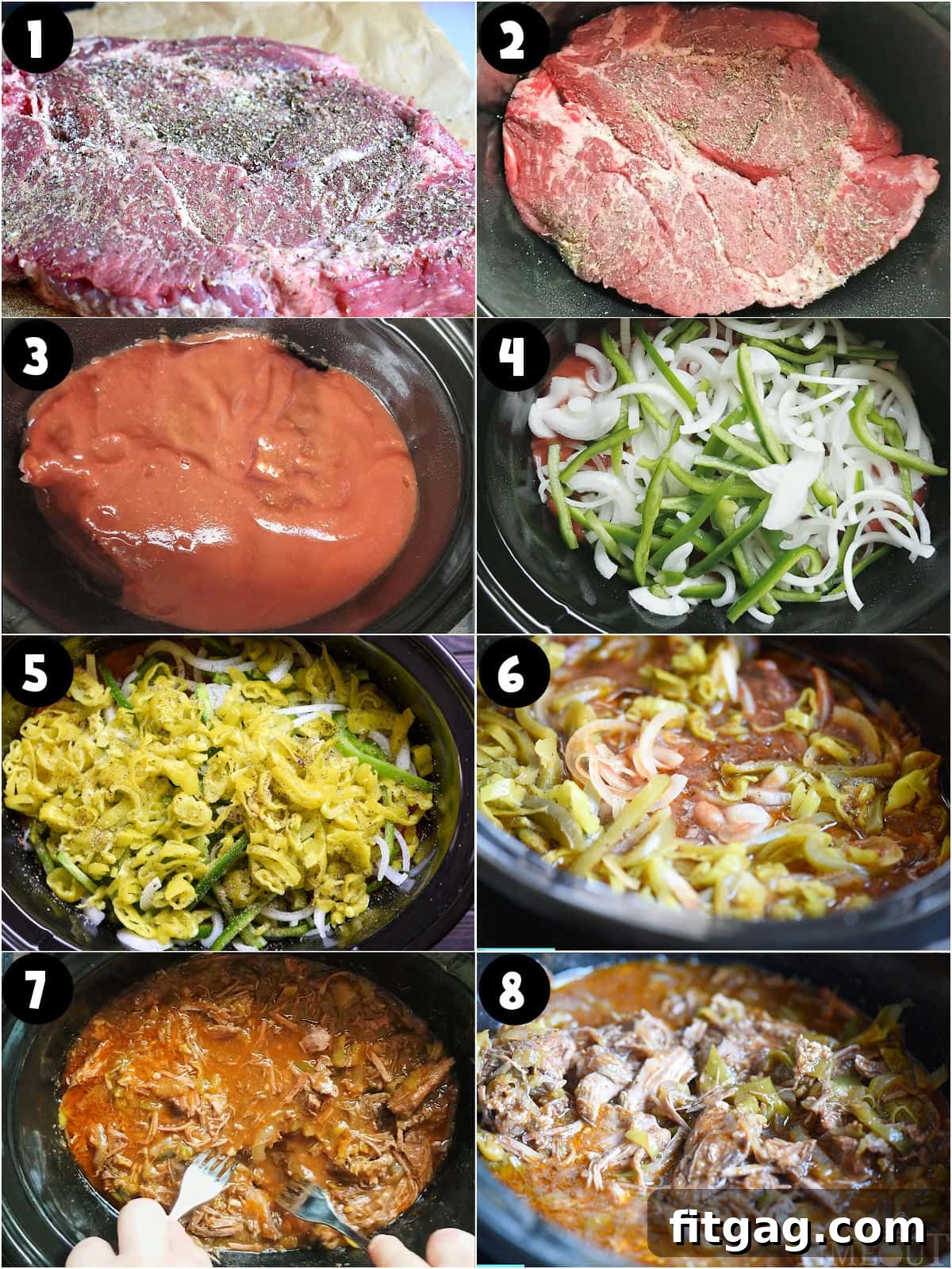 Melt-in-Your-Mouth Slow Cooker Italian Beef Sandwiches 4 Eight image collage showing how to make italian beef in the slow cooker.
