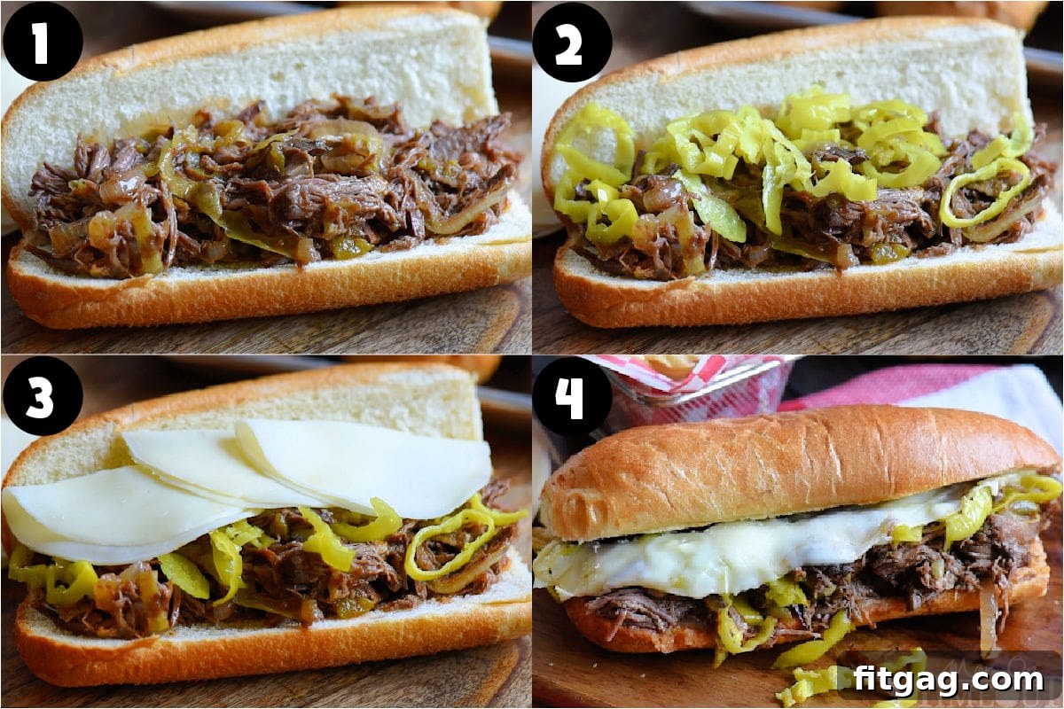 Melt-in-Your-Mouth Slow Cooker Italian Beef Sandwiches 5 Four image collage showing how to make Italian Beef Sandwiches.