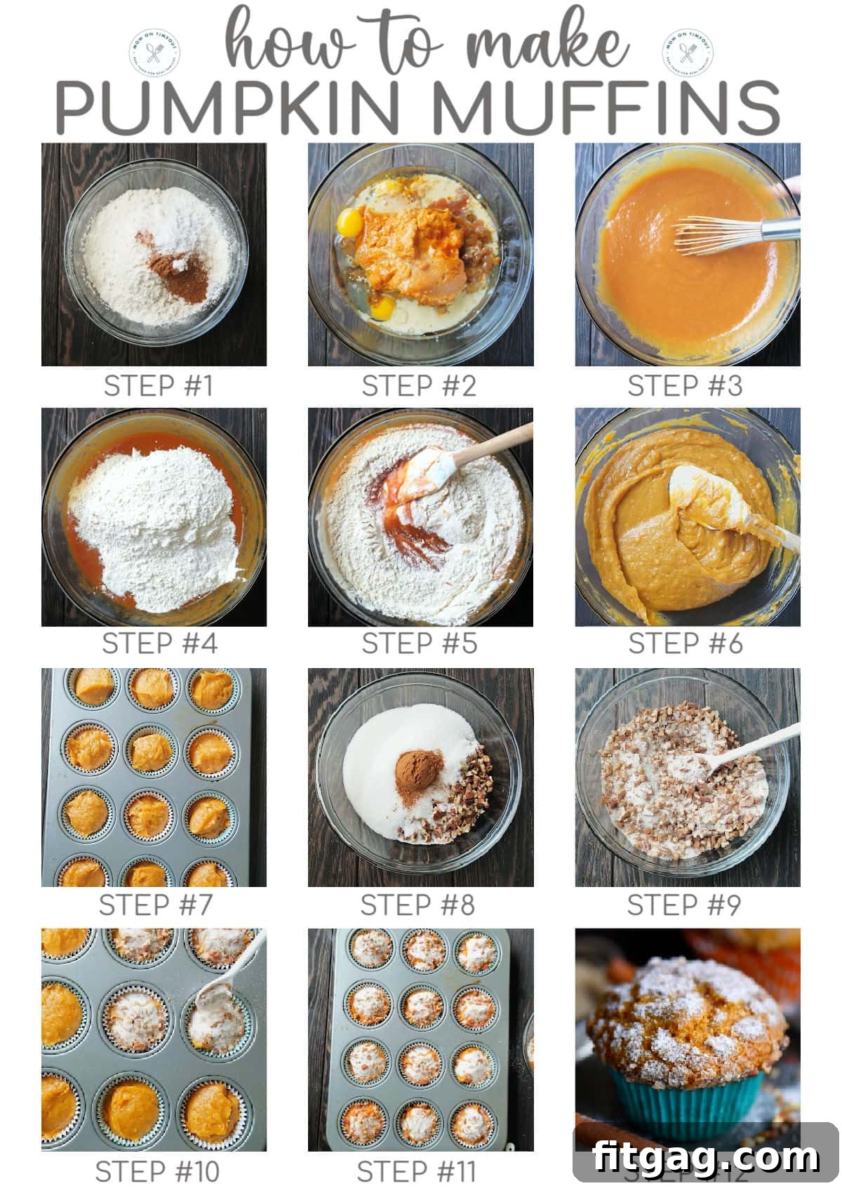 A graphic featuring twelve step-by-step images illustrating the process of how to make pumpkin muffins, with a clear title at the top, guiding bakers through each stage of the recipe.