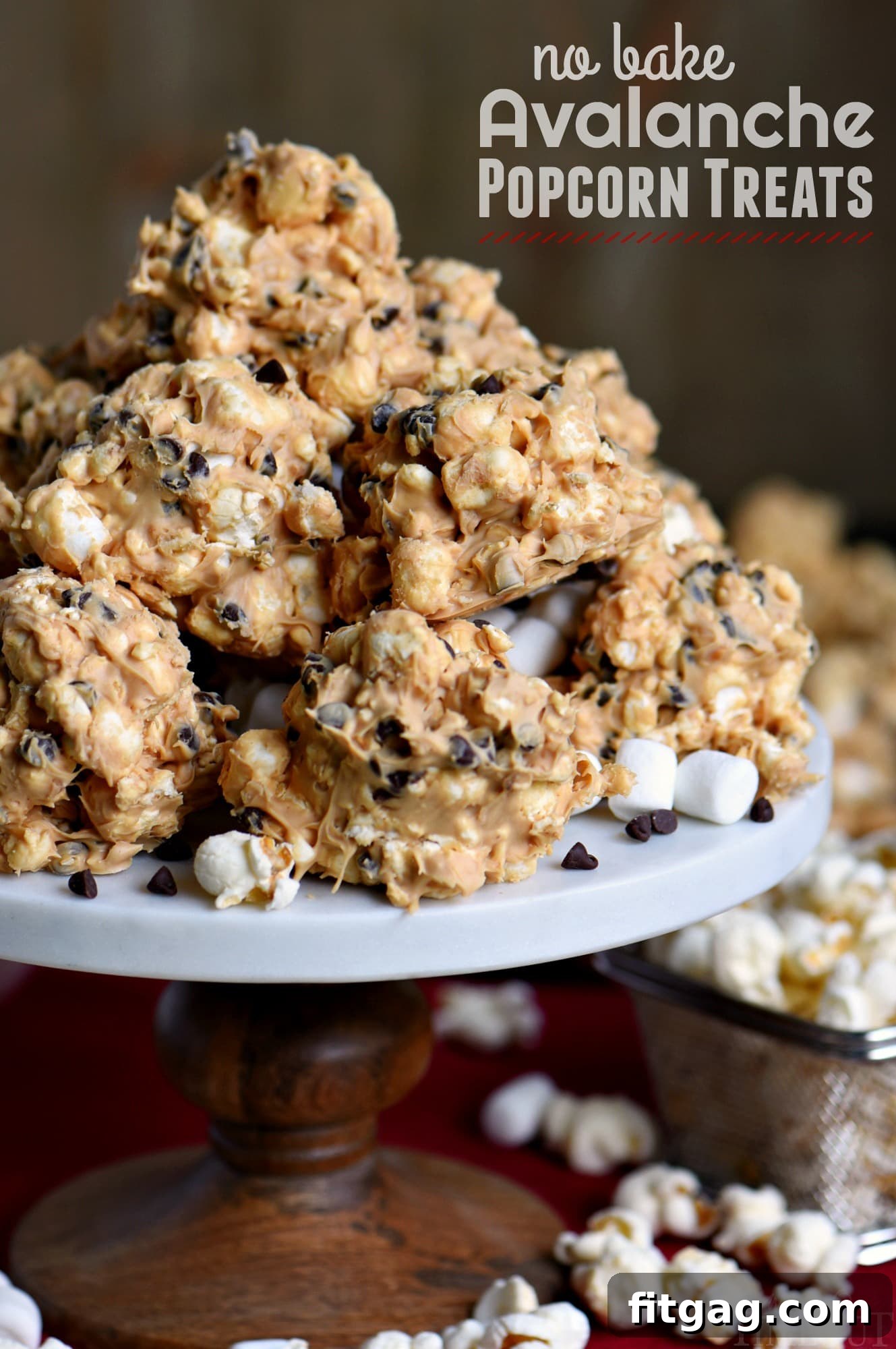Instant Snowdrift Popcorn Bites 2 Finished No Bake Avalanche Popcorn Treats on a white platter, ready to serve.