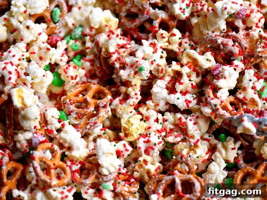 Close-up of Snow Day Snack Mix with pretzels and marshmallows