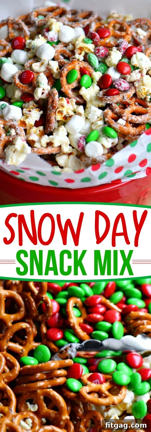 Tall image of Snow Day Snack Mix, emphasizing its festive look with red and green M&M's and white coating.