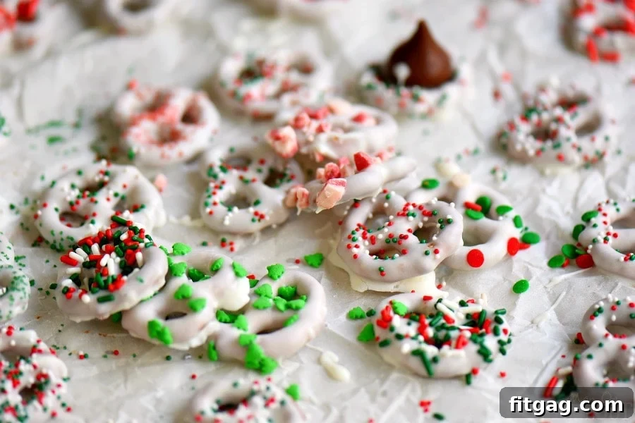 Simple White Chocolate Pretzel Delights 3 A tray of white chocolate covered pretzels, perfect for Christmas cookie trays and holiday entertaining.
